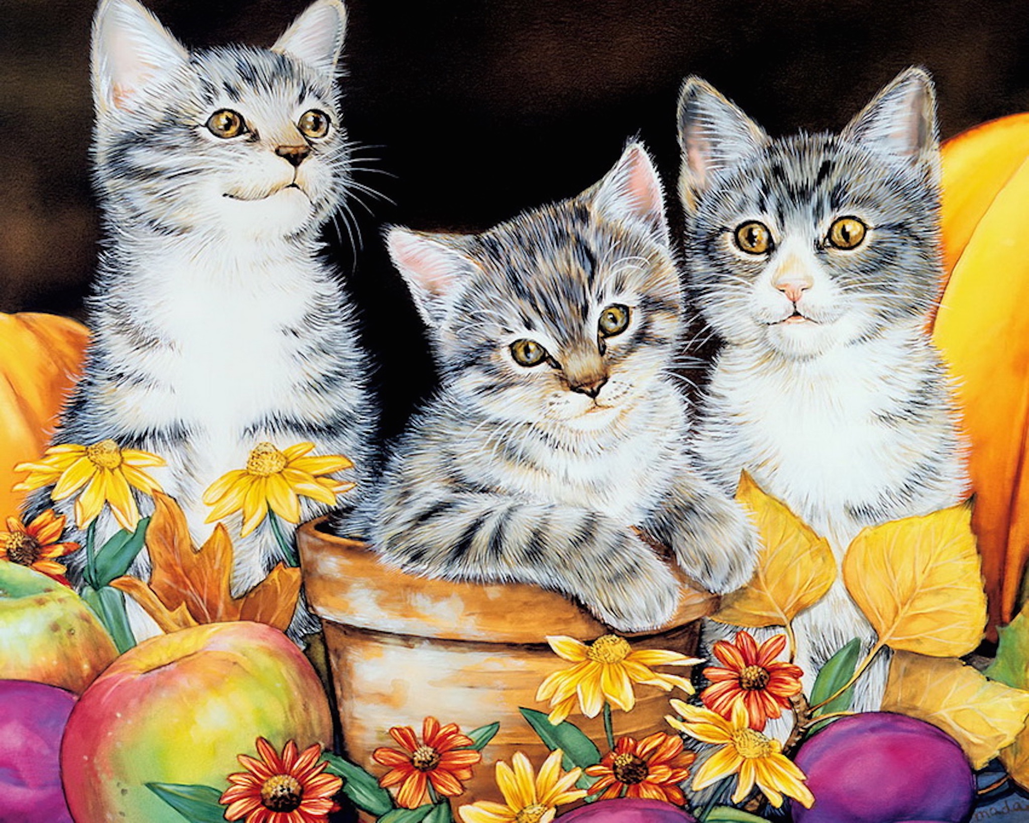 Autumn Kittens Painting Wallpaper Free Cat Images