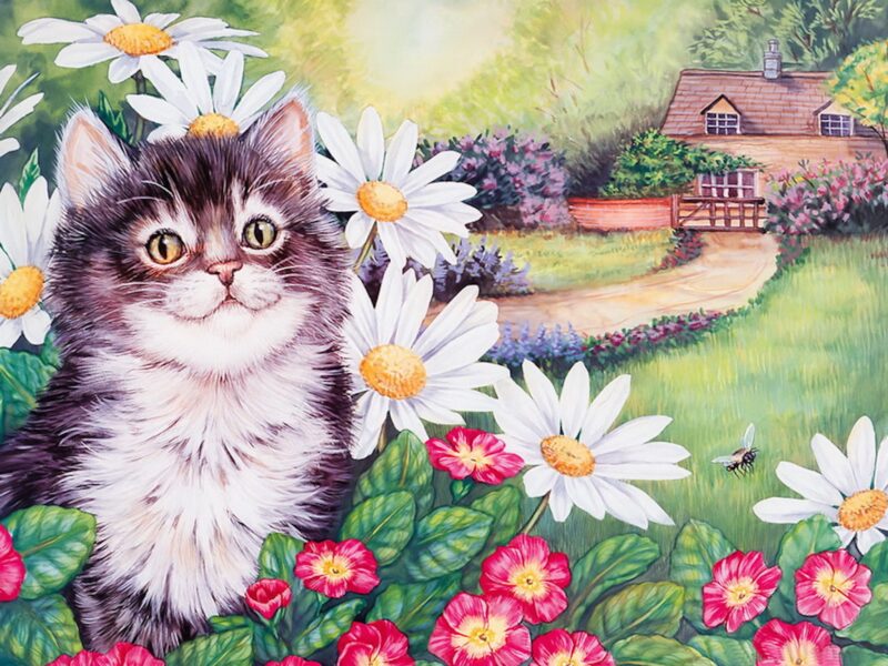Kitten Flowers Painting Wallpaper