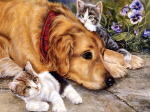 Sweet Dog With Kittens Painting Wallpaper