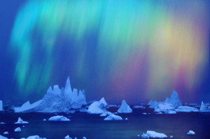 Aurora Australis (southern Light) Over Icebergs