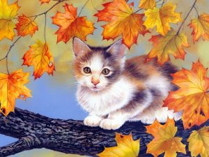 Fall Foliage Kitten Painting Wallpaper