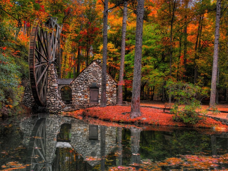 Autumn Water Mill Wallpaper